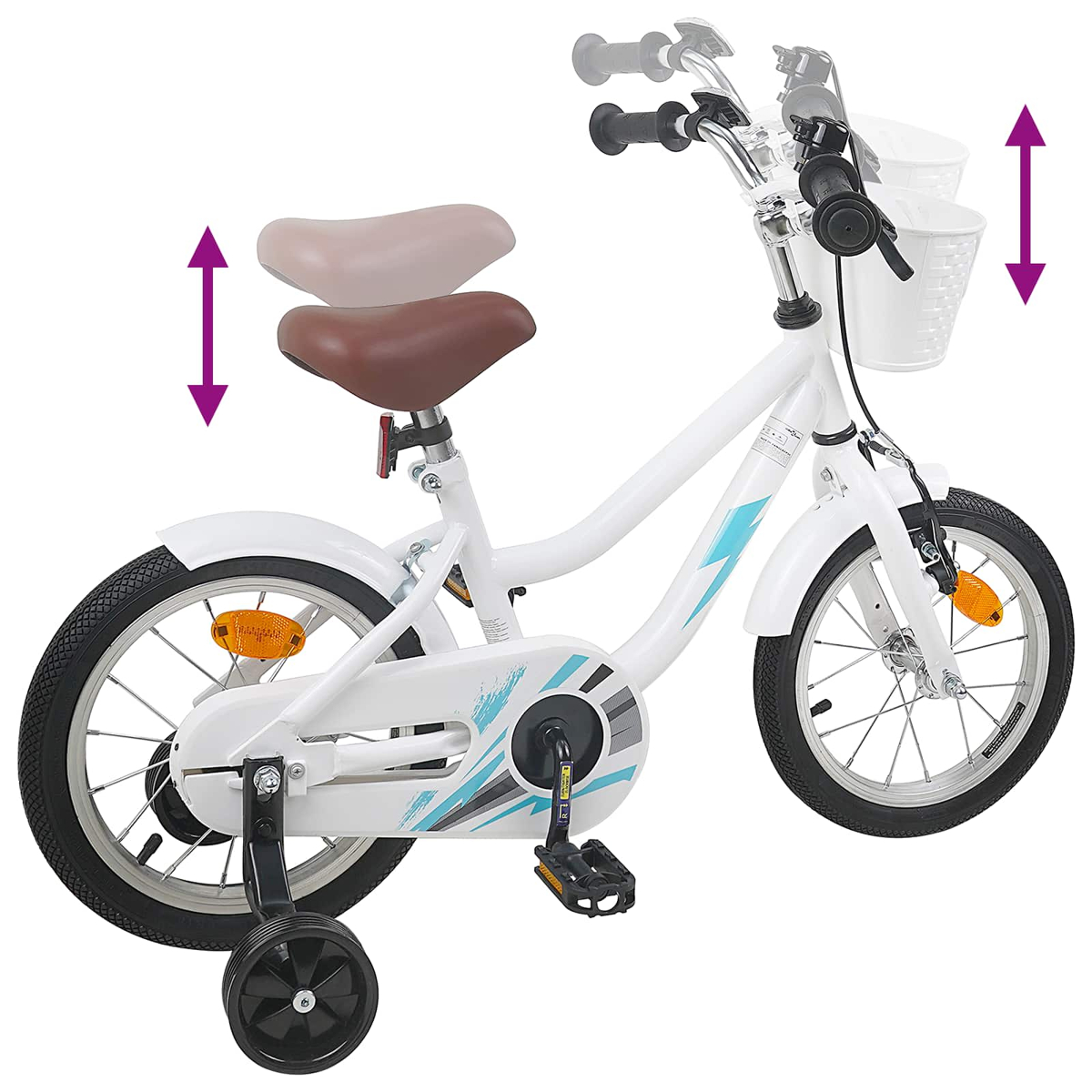 Weißes Kinderfahrrad mit Trainingsrädern, Korb und verstellbarer Sitzhöhe.