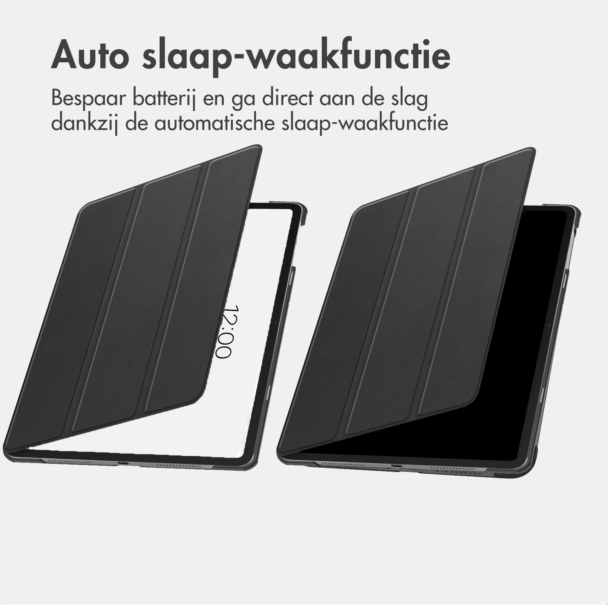 Deux étuis noirs pour tablette avec rabat, l'un affichant 12:00.