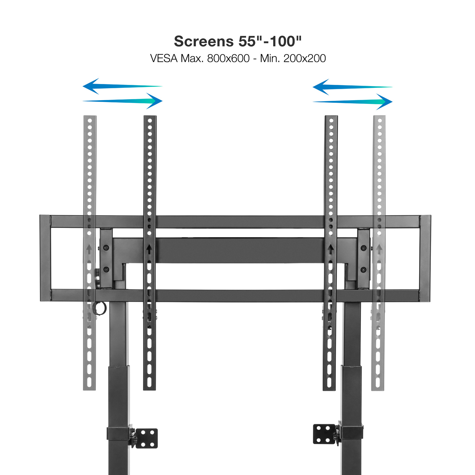 Un soporte de TV negro con soportes ajustables y flechas que indican movimiento lateral.