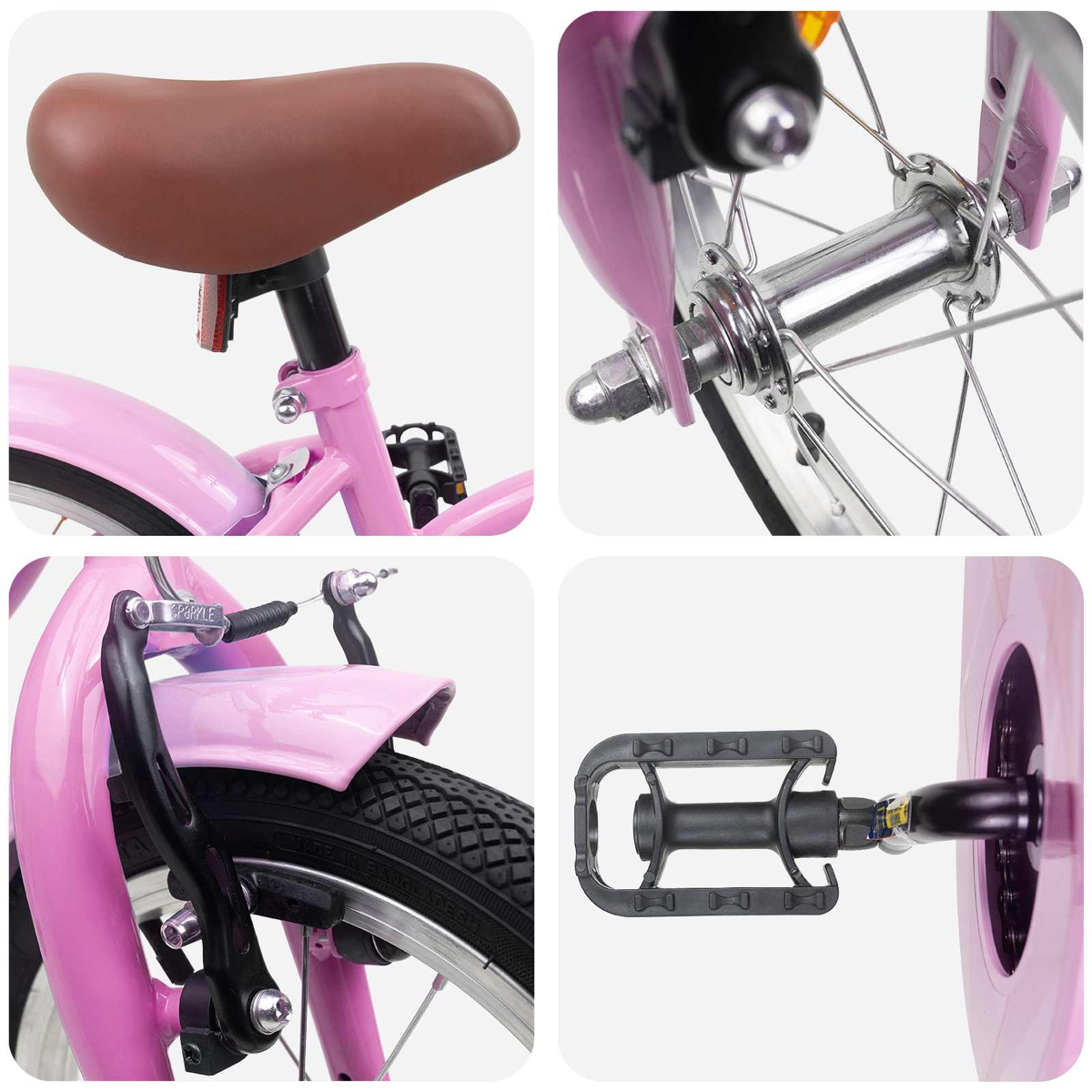 Rosa Fahrraddetails: Sattel, Vorderradnabe, Bremse, Reifen und Pedal.