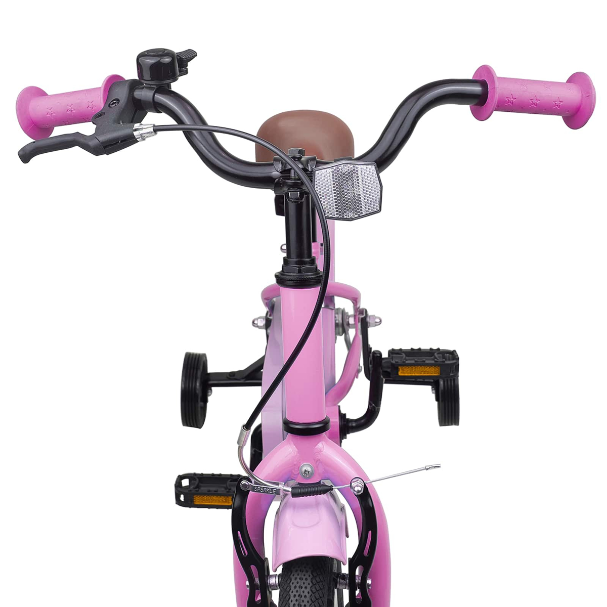 Rosa Kinderfahrrad mit Stützrädern, braunem Sattel und pinken Griffen.