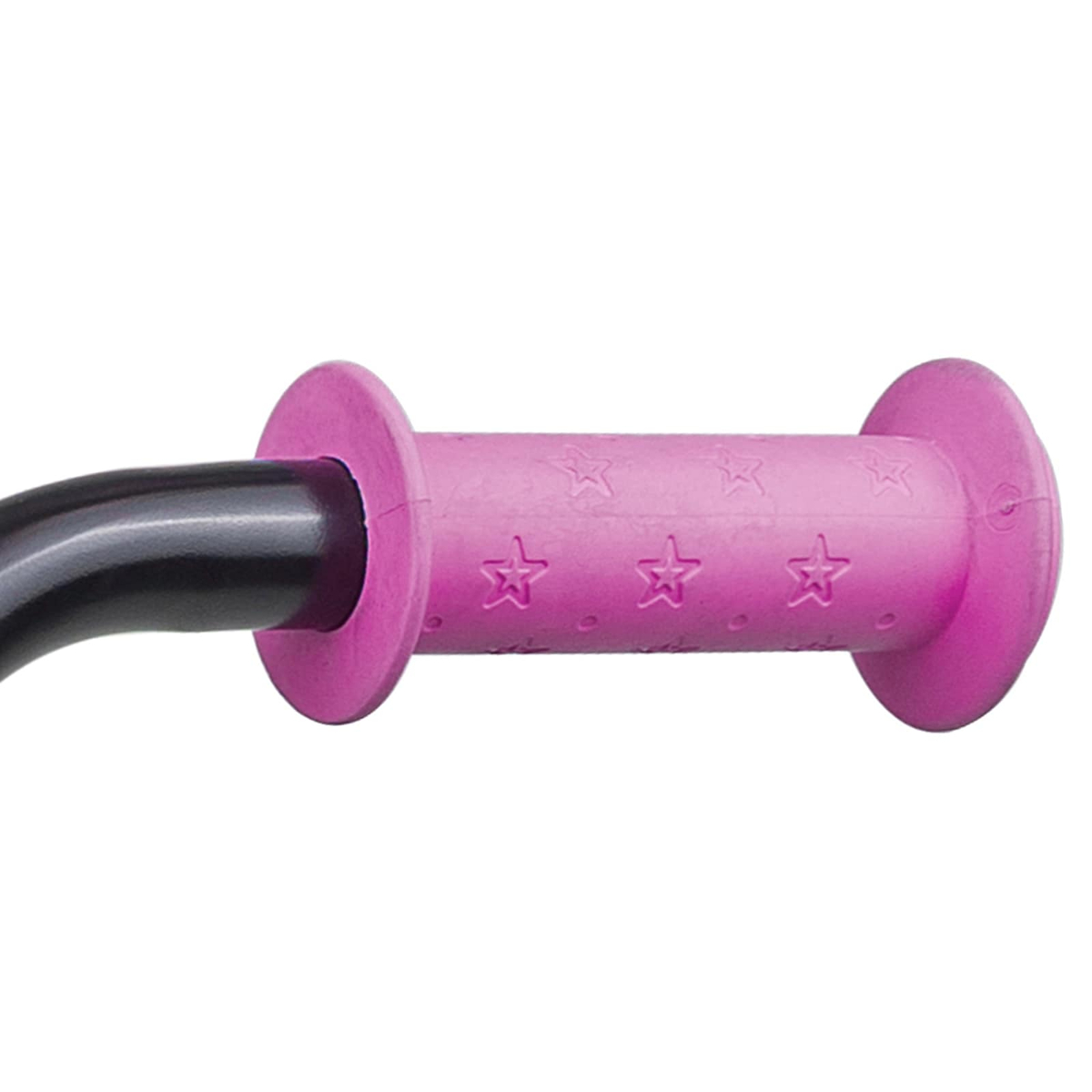 Ein pinker Lenkergriff mit Sternen und einem schwarzen Rohr.