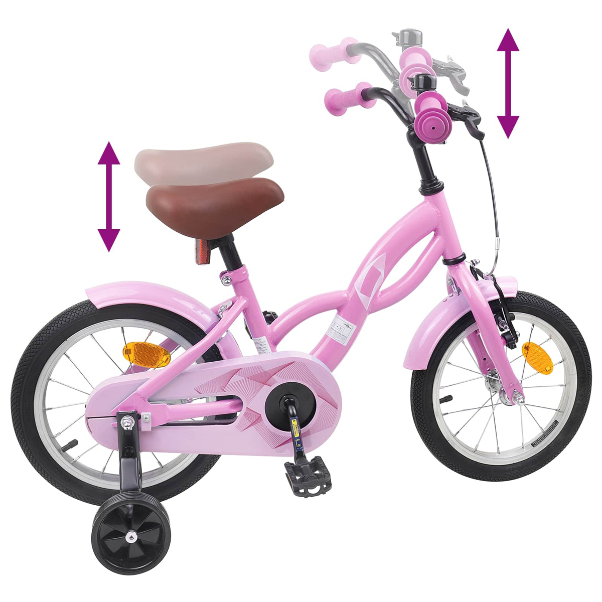 Ein rosafarbenes Kinderfahrrad mit Stützrädern und verstellbarem Sattel/Lenker.