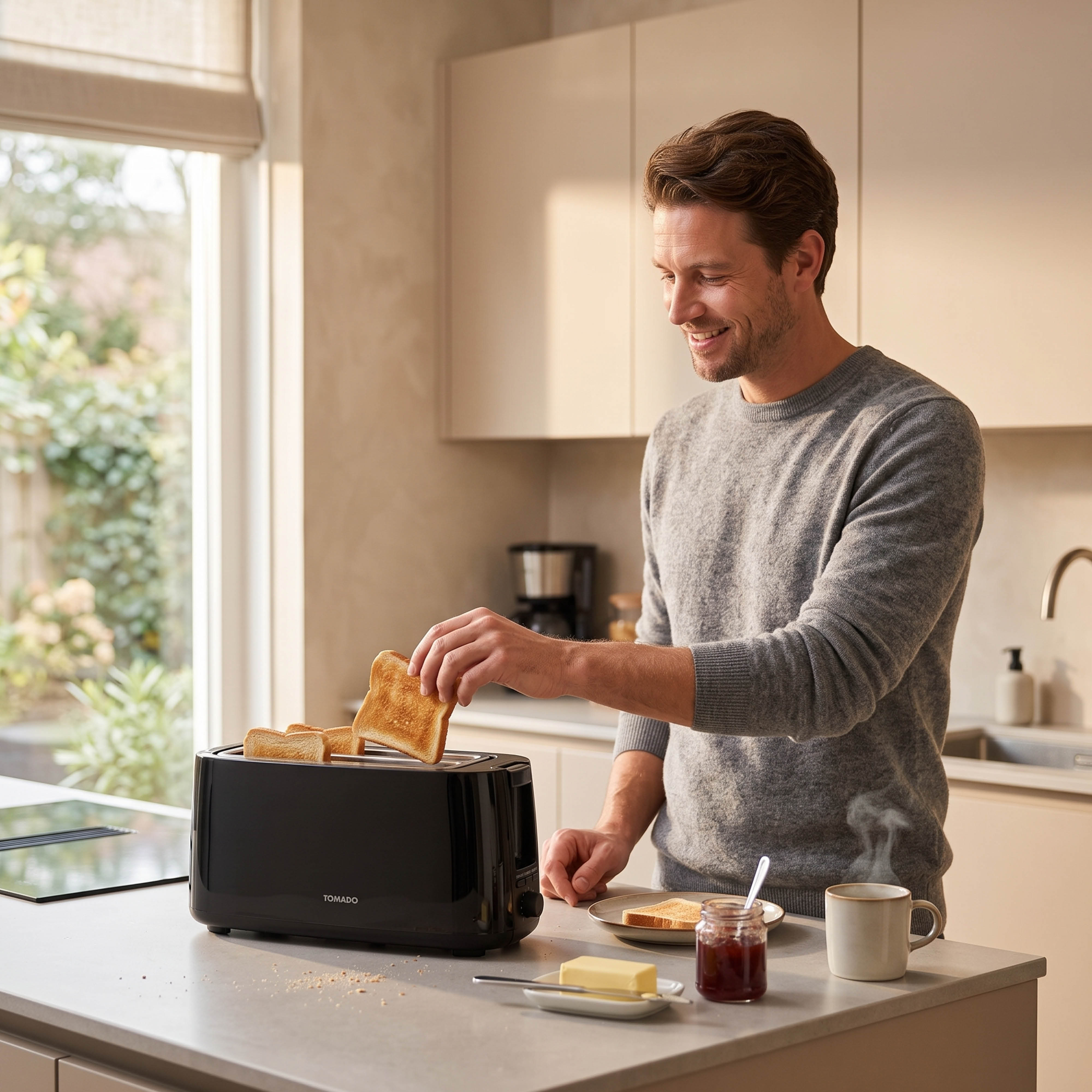 Mann legt Toast in schwarzen Toaster, daneben Butter, Marmelade und Kaffee.
