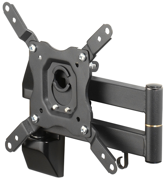 Soporte de pared giratorio negro con brazos ajustables y placa VESA.