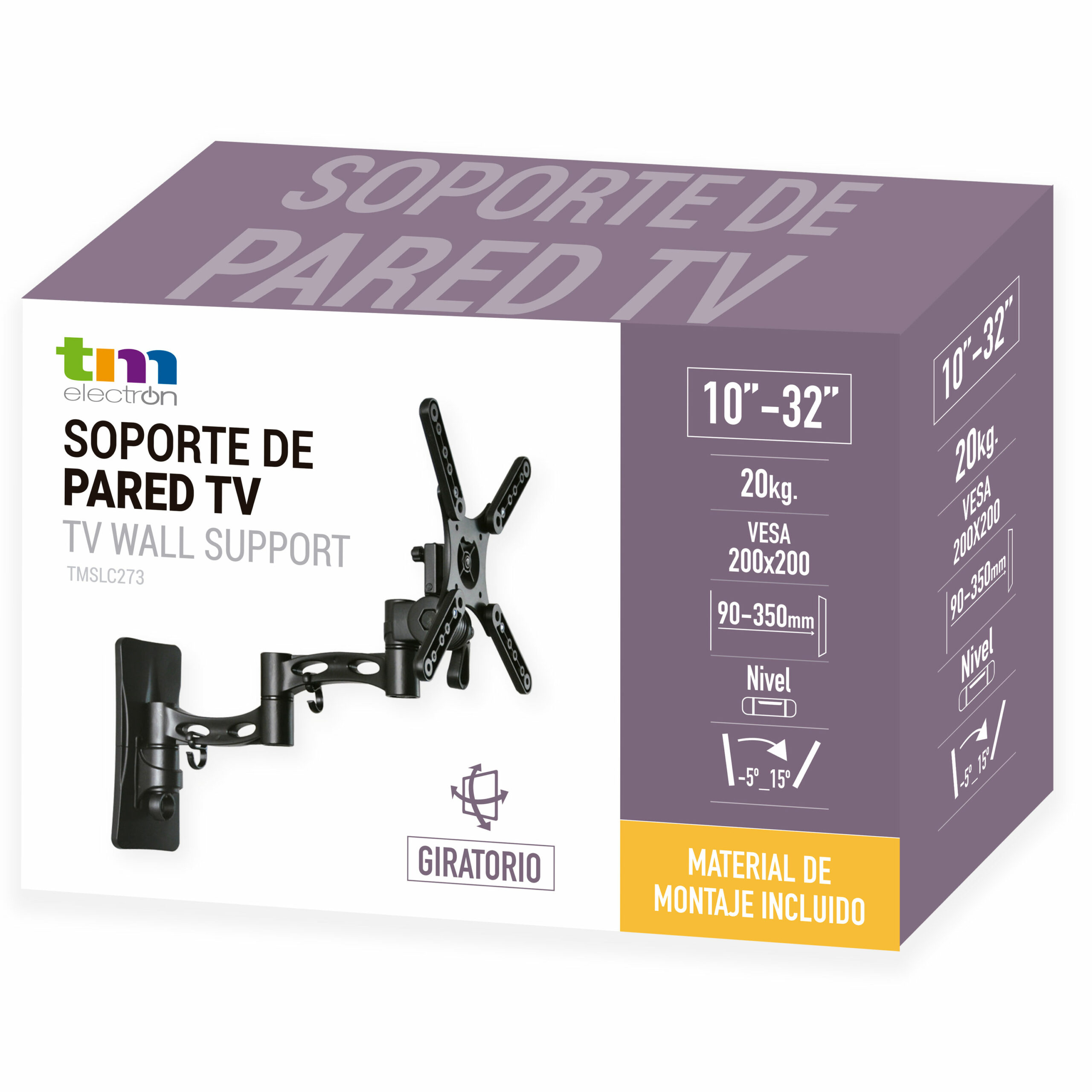 Soporte de pared para TV negro con brazo articulado para TVs de 10-32", 20kg.