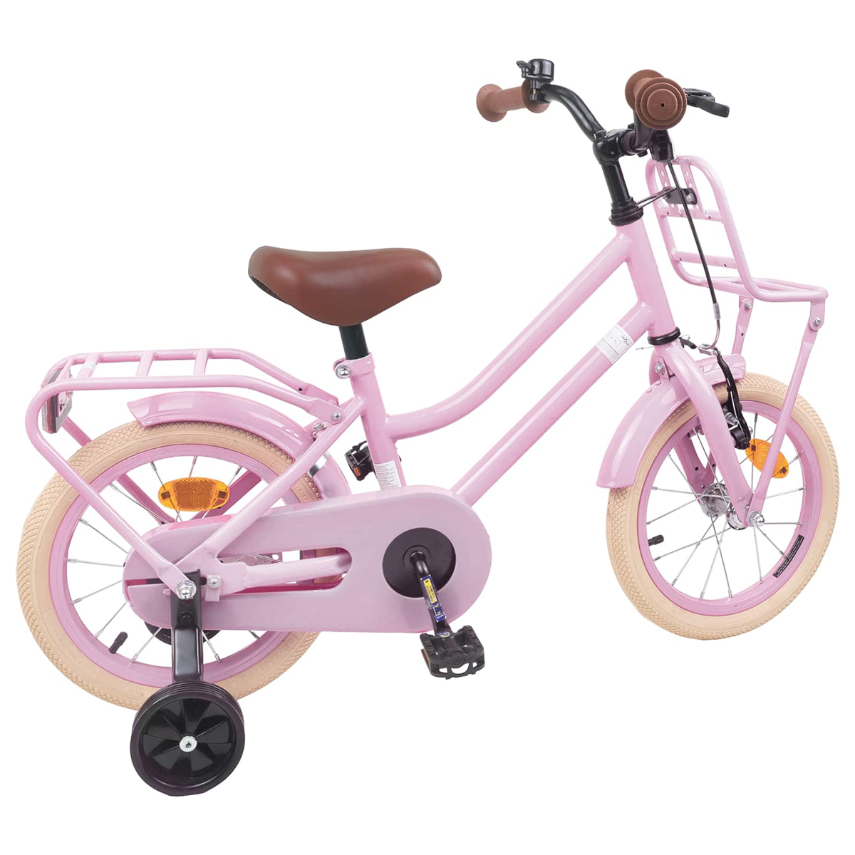 Ein rosafarbenes Kinderfahrrad mit braunem Sattel und Stützrädern.