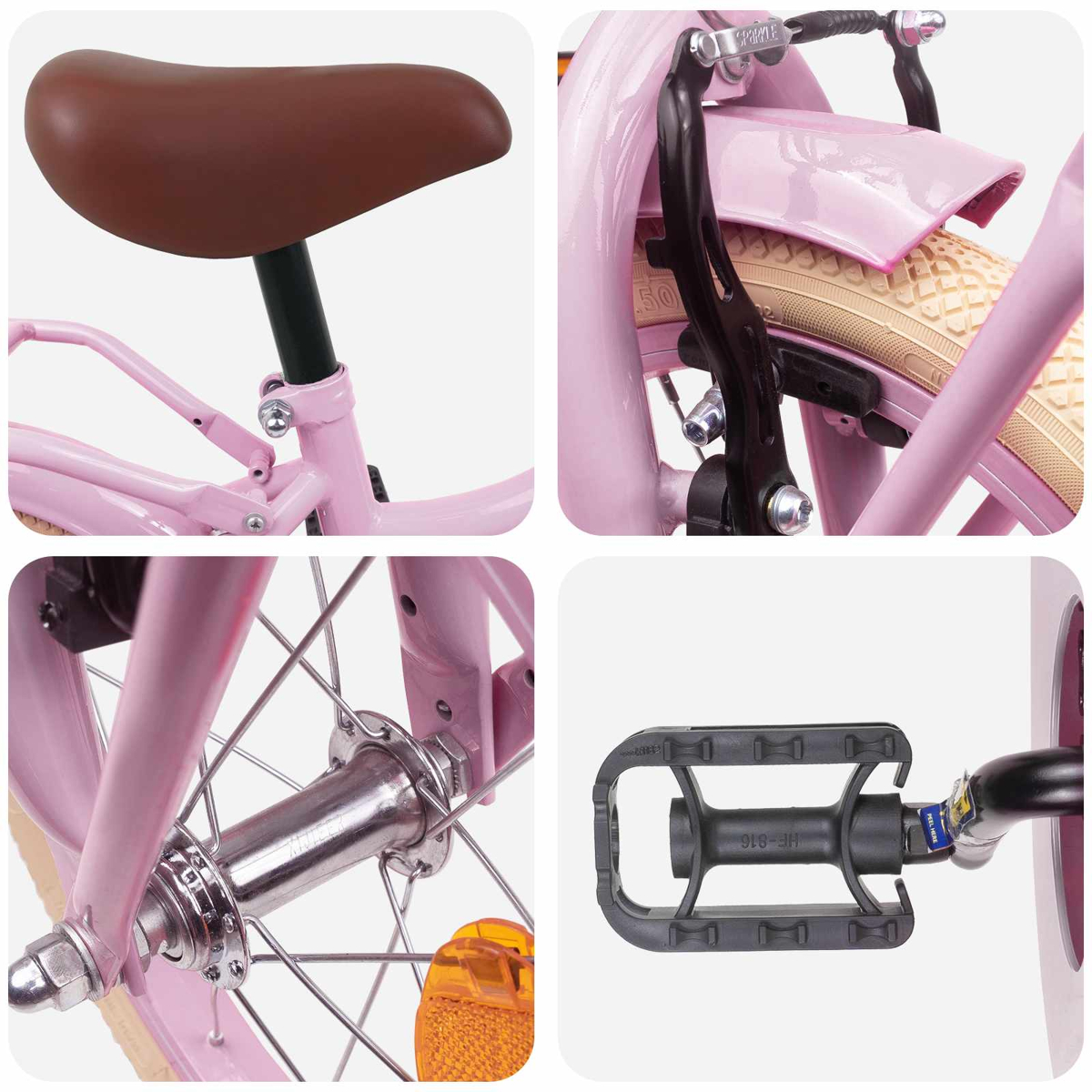 Nahaufnahme eines rosa Fahrrads mit braunem Sattel, Bremsen, Radnabe und Pedal.
