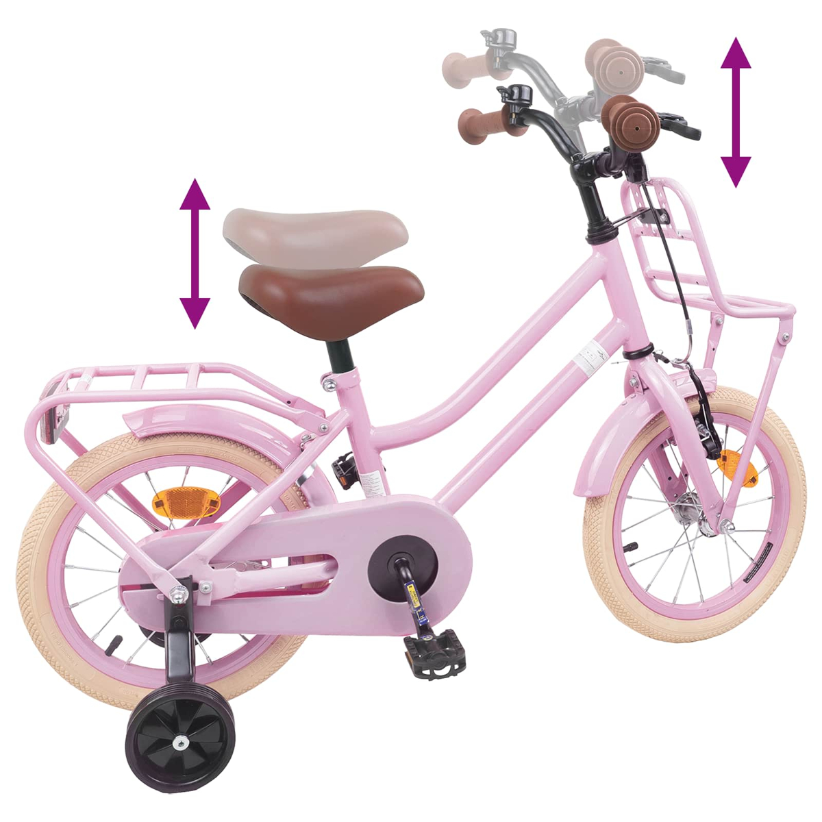 Pinkes Fahrrad mit Stützrädern, verstellbarem Sattel und Lenker.
