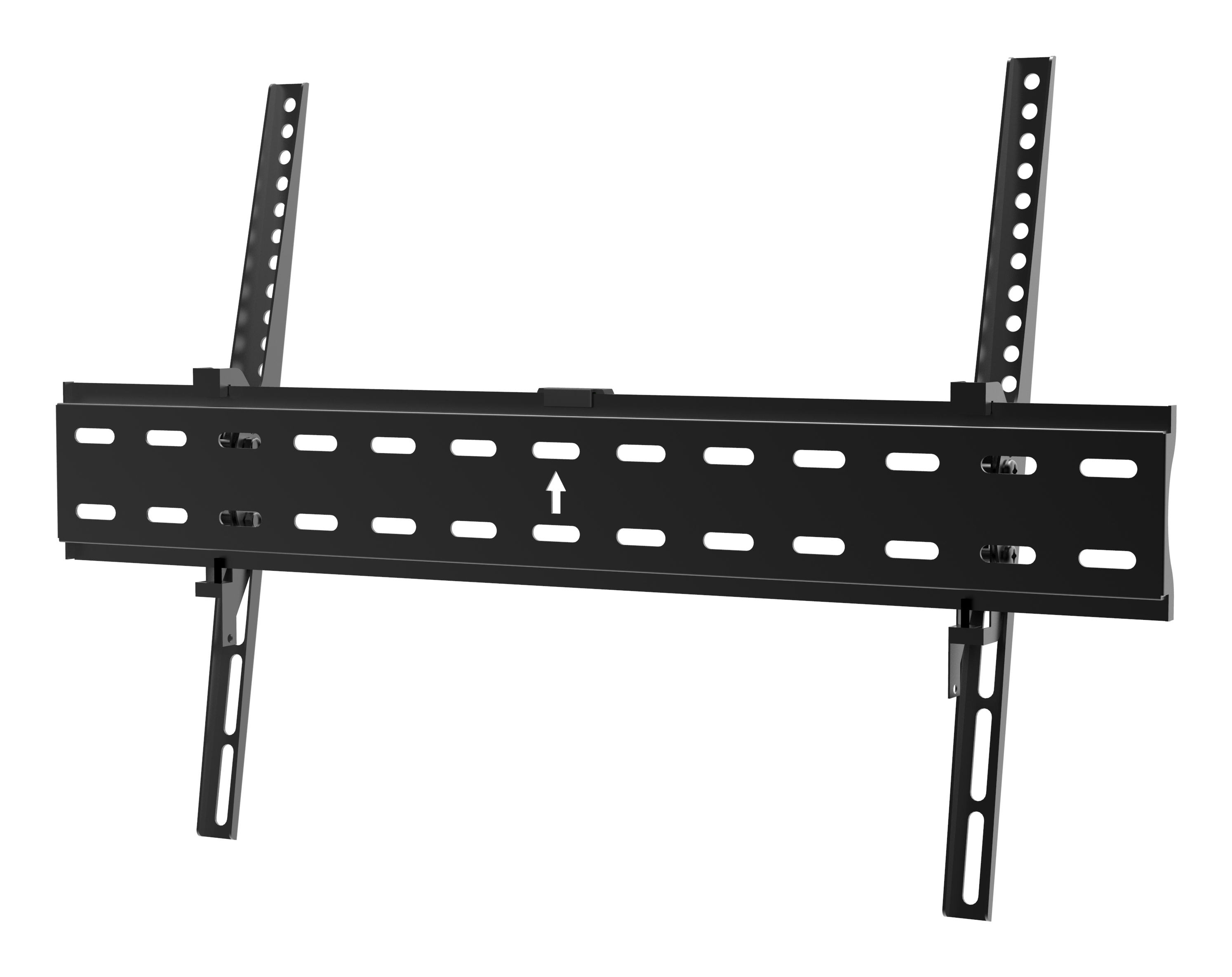 Un soporte de pared para TV negro y ajustable con ranuras y agujeros.
