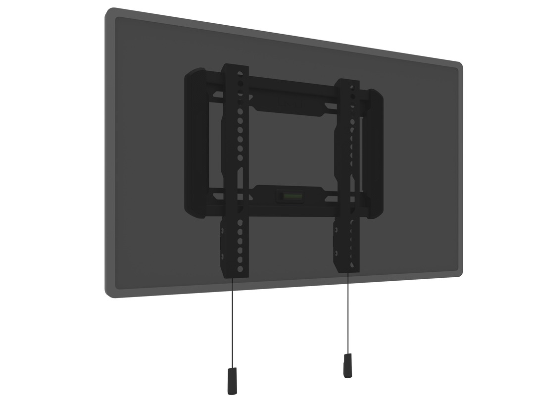 Rückseite eines schwarzen Fernsehers mit Wandhalterung und Wasserwaage.