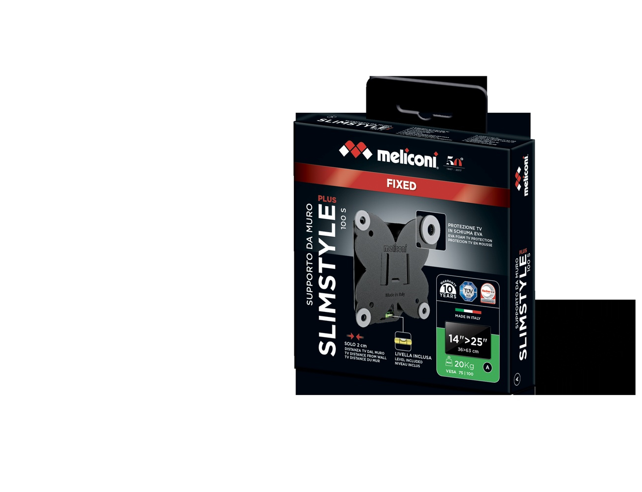 Verpackung für eine Meliconi Slimstyle Wandhalterung für Fernseher, schwarz und rot.