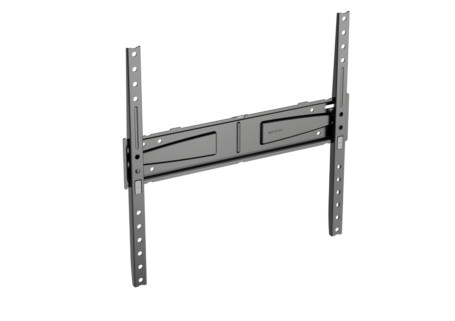 Un soporte de pared para TV gris con brazos ajustables y nivel de burbuja, con etiqueta 'MADE IN ITALY'.