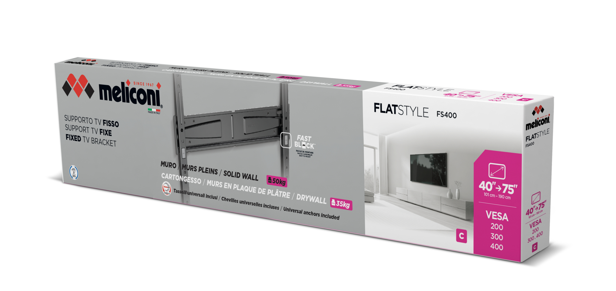 Embalaje de un soporte de pared fijo para TV Meliconi, modelo FS400.