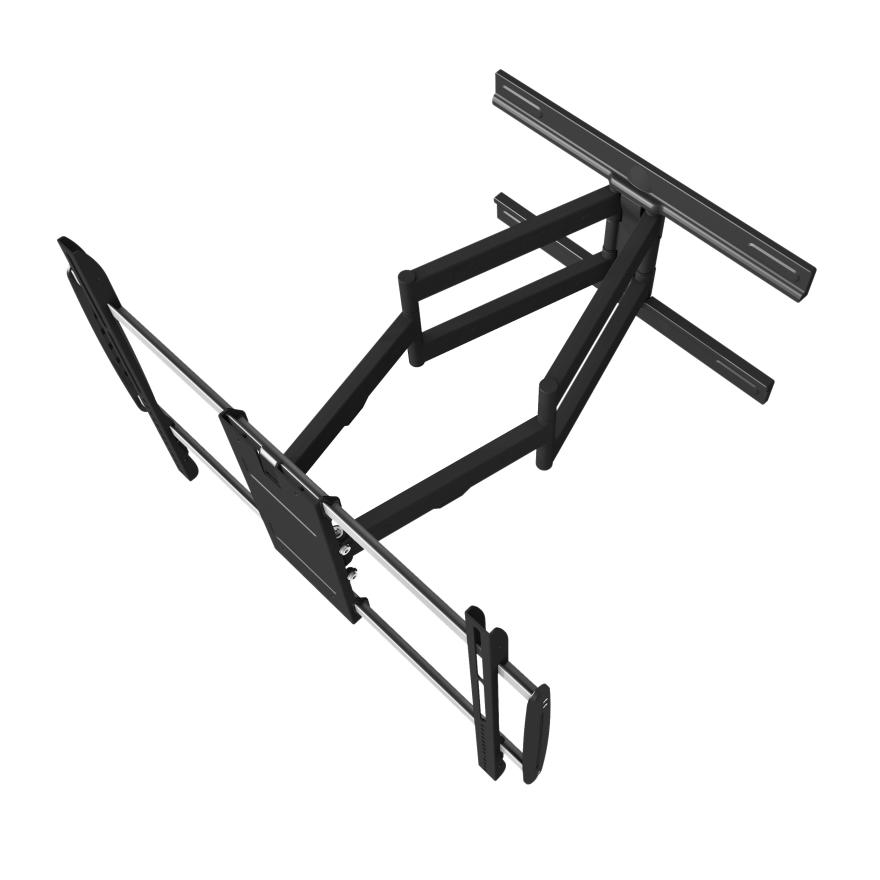 Un soporte de pared para TV negro y ajustable con brazos extensibles.
