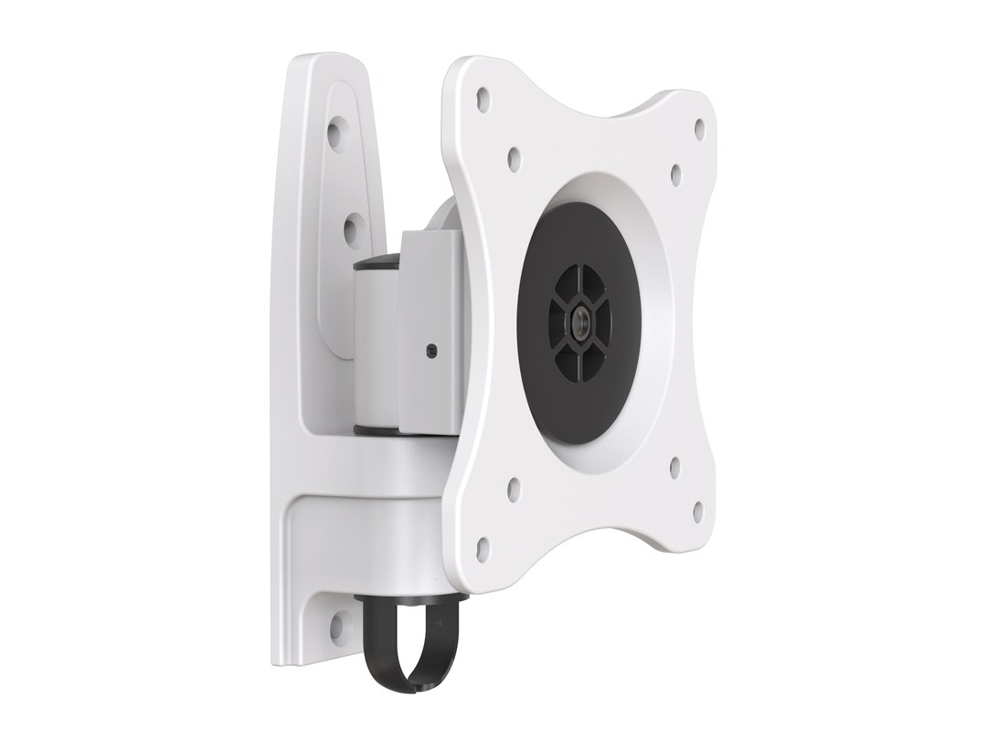 Un bras de moniteur blanc avec articulation pivotante noire sur fond blanc.