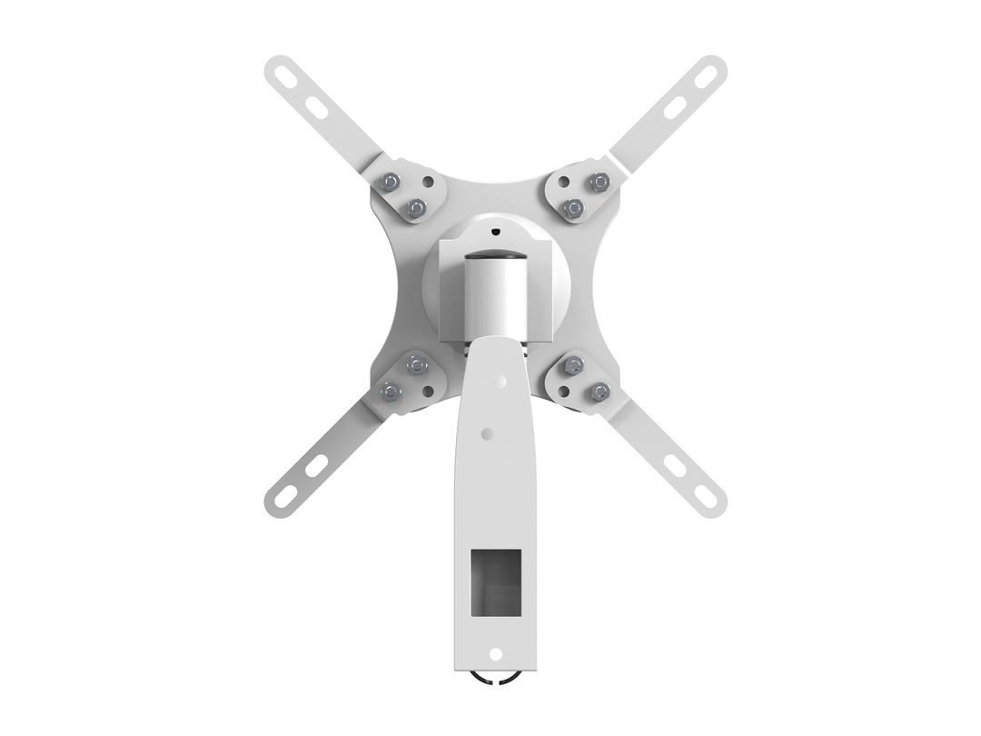 Un support de moniteur blanc avec des bras réglables et des boulons sur fond blanc.