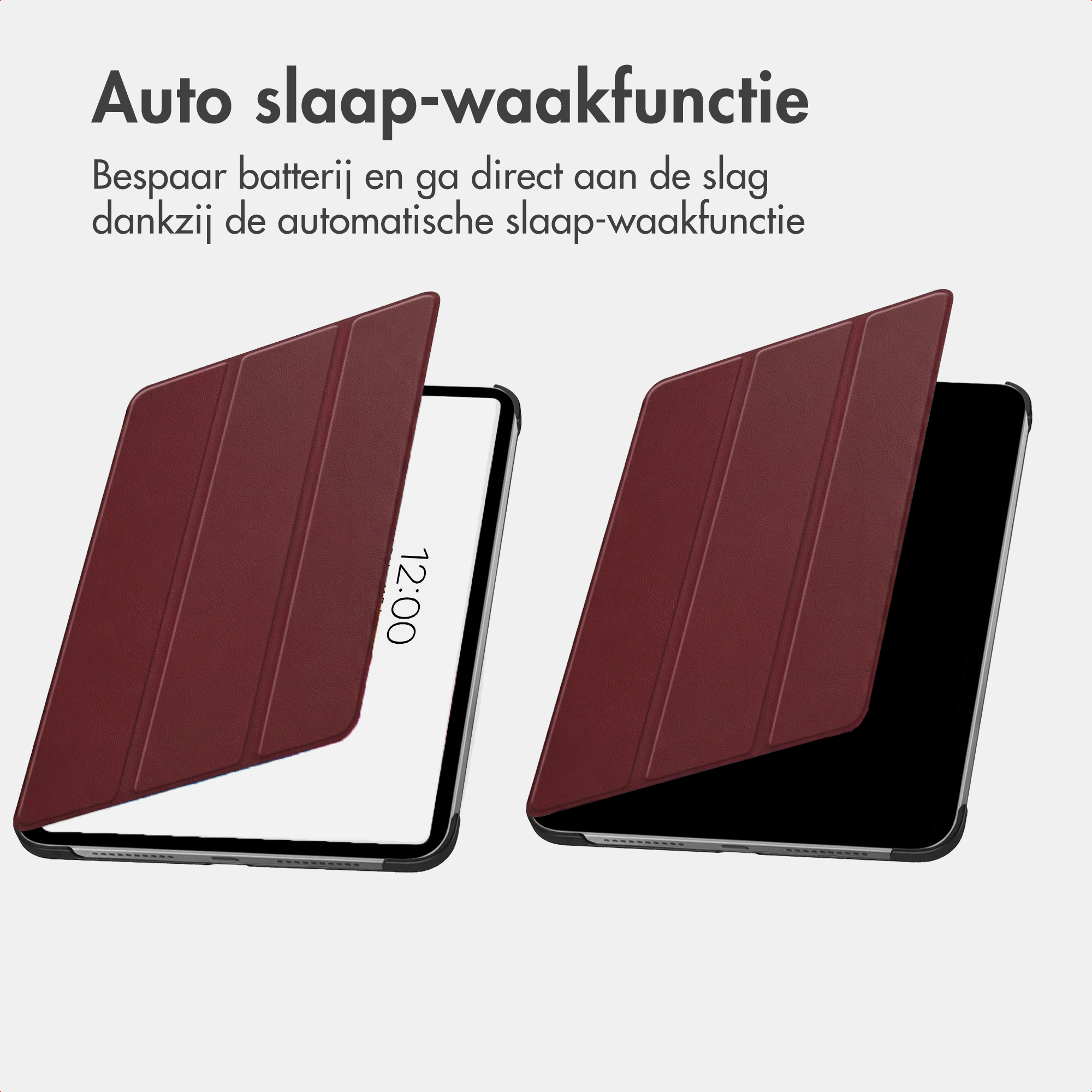 Une tablette rouge avec sa housse ouverte affiche l'écran de verrouillage 12:00.