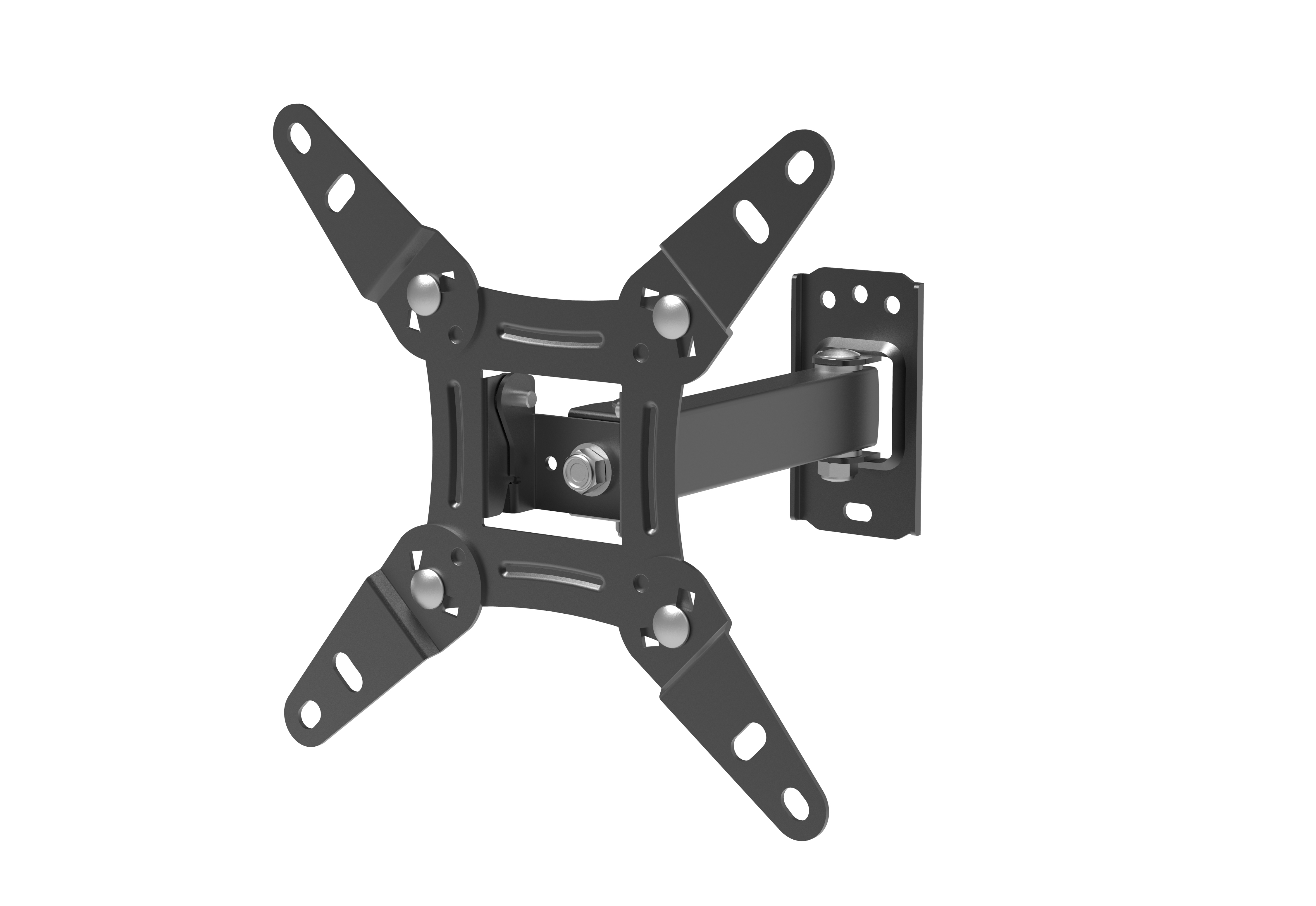 Soporte de pared negro con brazos y bisagras ajustables sobre fondo blanco.