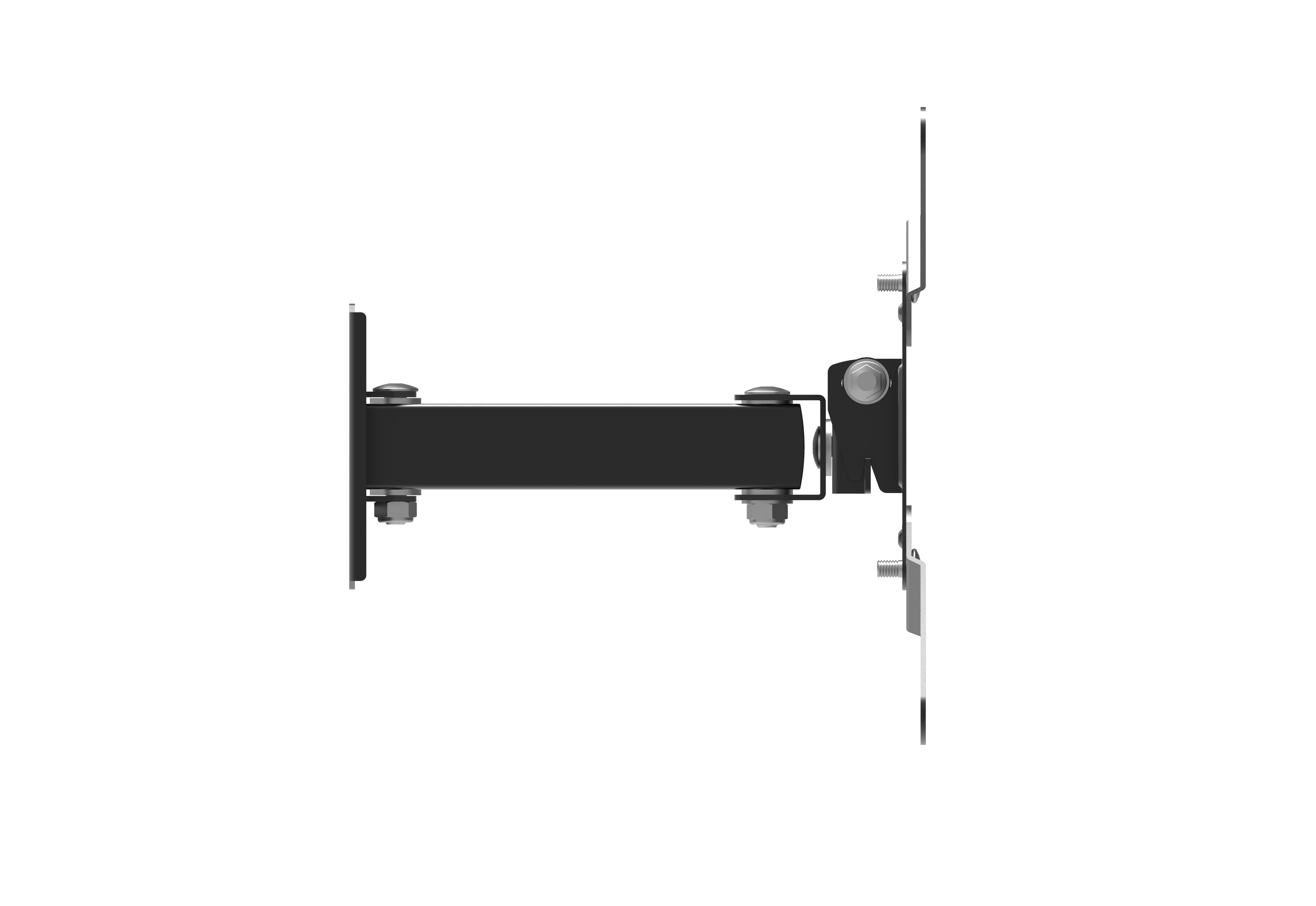 Un brazo de monitor negro ajustable con pernos plateados sobre fondo blanco.