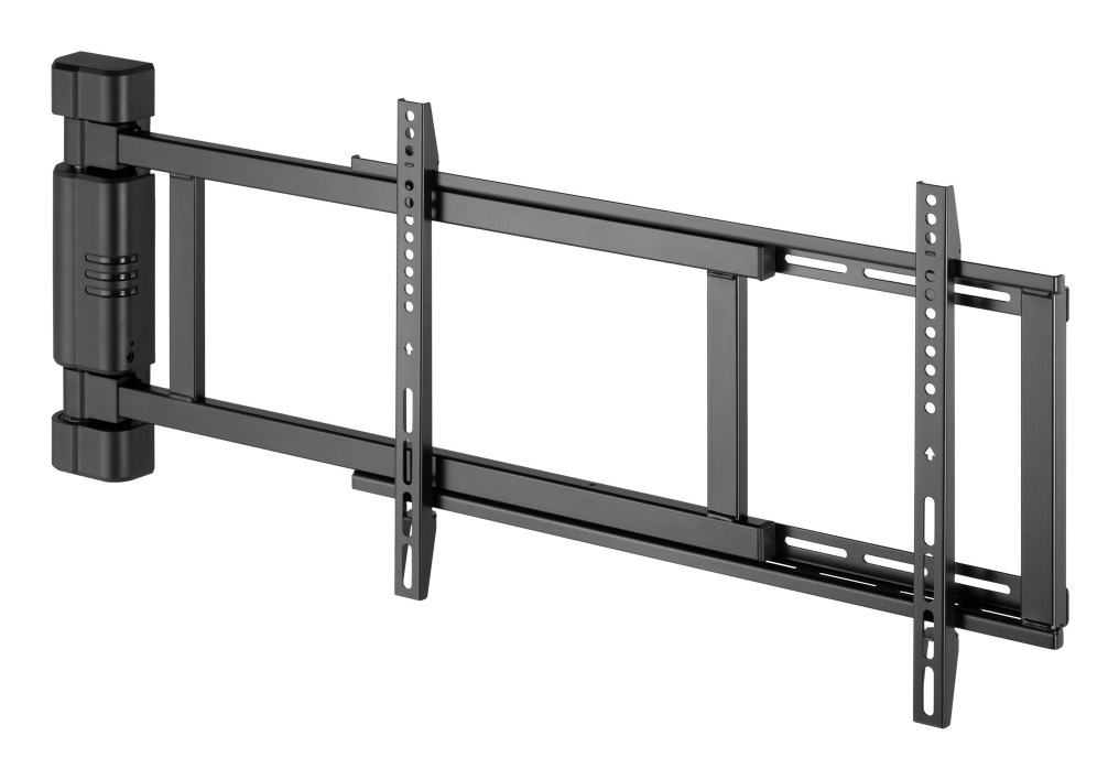 Schwarze Wandhalterung für Fernseher mit verstellbaren Armen und VESA-Platten.