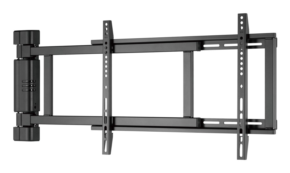 Schwarze, ausfahrbare TV-Wandhalterung mit Gelenkarm und VESA-Platten.