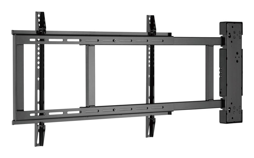 Schwarze TV-Wandhalterung mit ausziehbarer Armkonstruktion und Schienen.