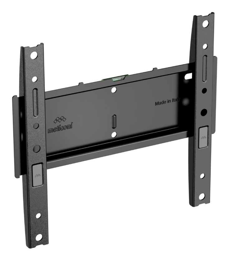 Un soporte de pared negro con nivel incorporado y logo de Meliconi.