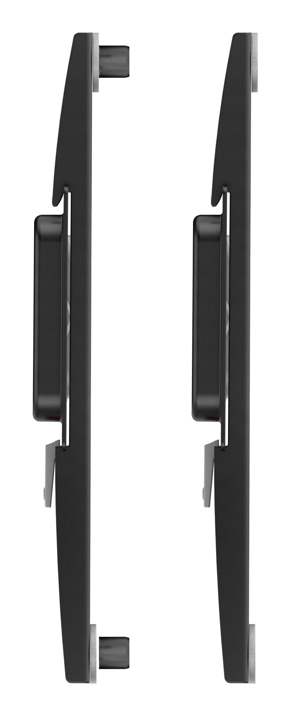 Dos soportes rectangulares negros con pines plateados, uno al lado del otro.
