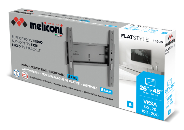 Caja de un soporte de TV Meliconi para TVs de 26-45 pulgadas, carga hasta 25kg.