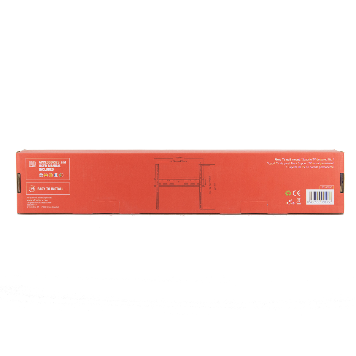 Caja para un soporte de pared fijo para TV con dimensiones e instrucciones.