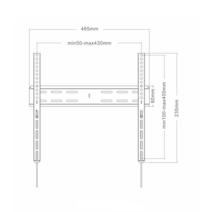 Dibujo técnico de un soporte de pared para TV con dimensiones.