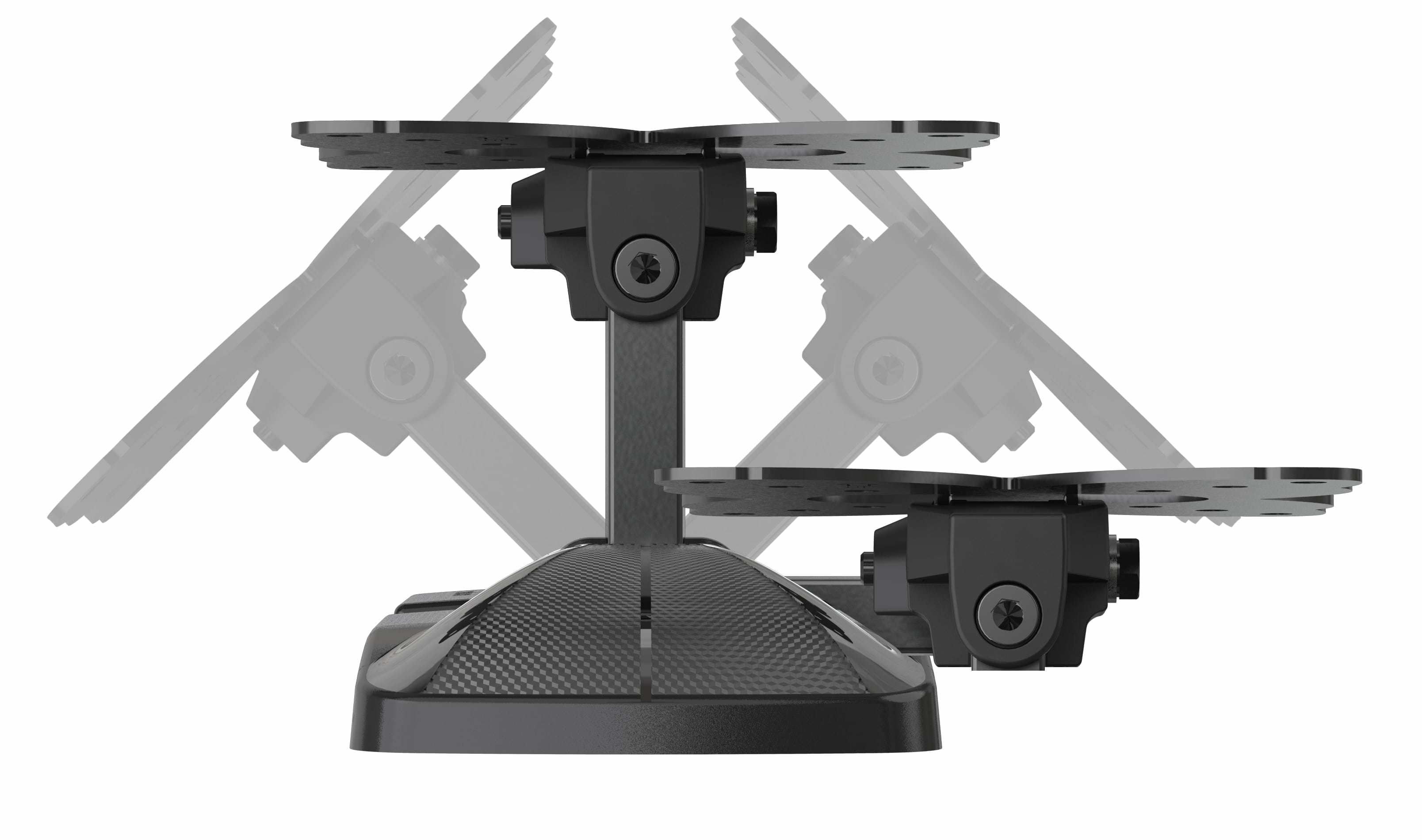Schwarzer Monitorhalter mit verstellbaren Armen und Carbonfaser-Basis.