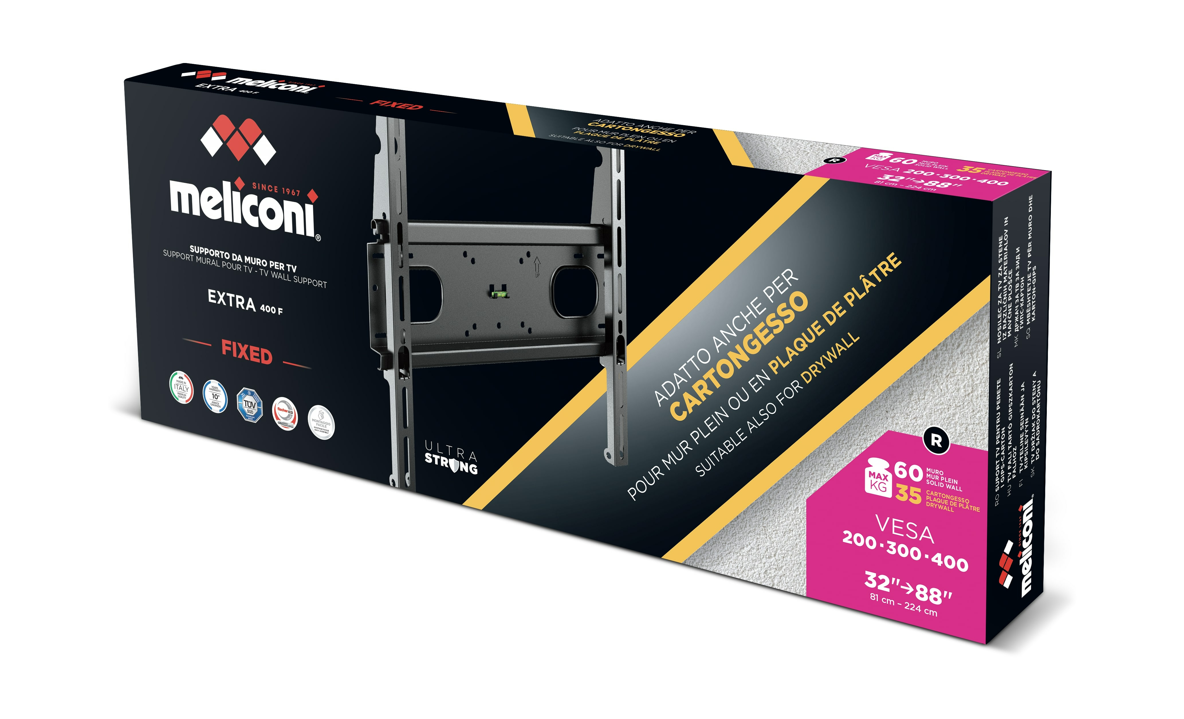 Verpackung einer Meliconi TV-Wandhalterung, Modell Extra 400 F, für bis zu 35 kg.