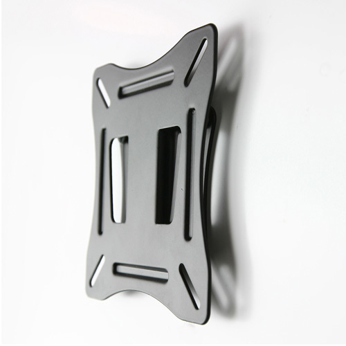 Soporte de pared negro con recortes rectangulares, sobre fondo blanco.