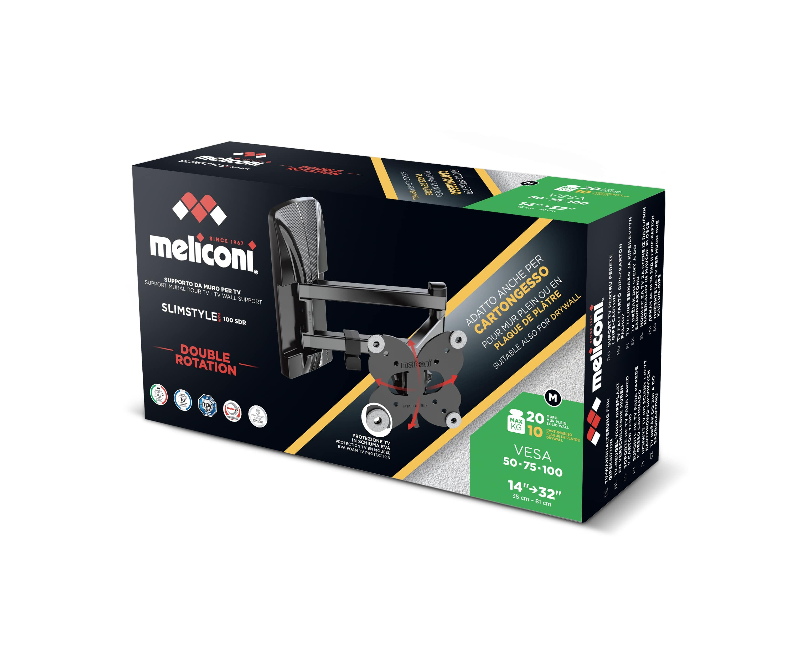 Verpackung für einen Meliconi TV-Wandhalter, Slimstyle 100 SDR Modell.