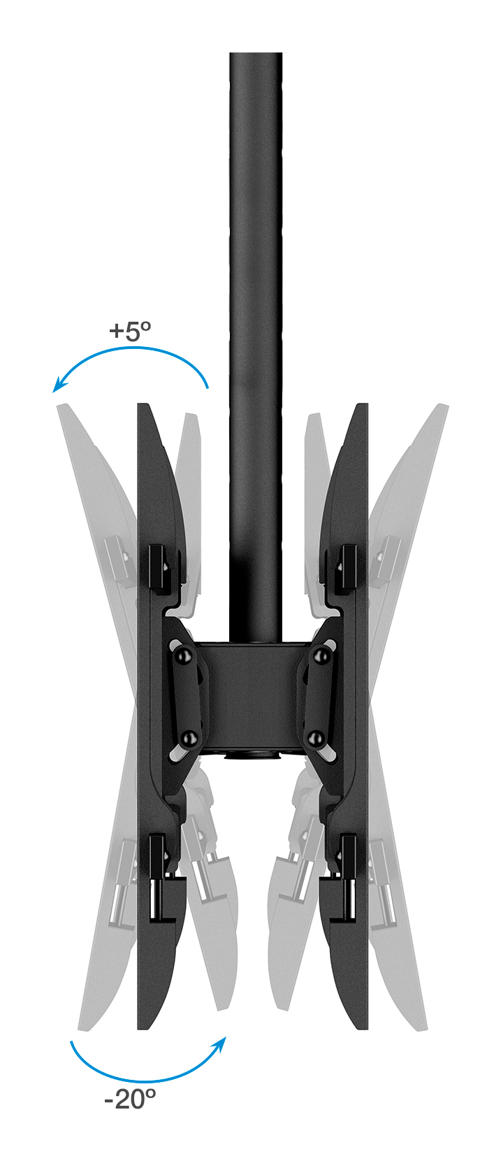 Soporte de TV negro con ángulos de inclinación de +5° y -20°.