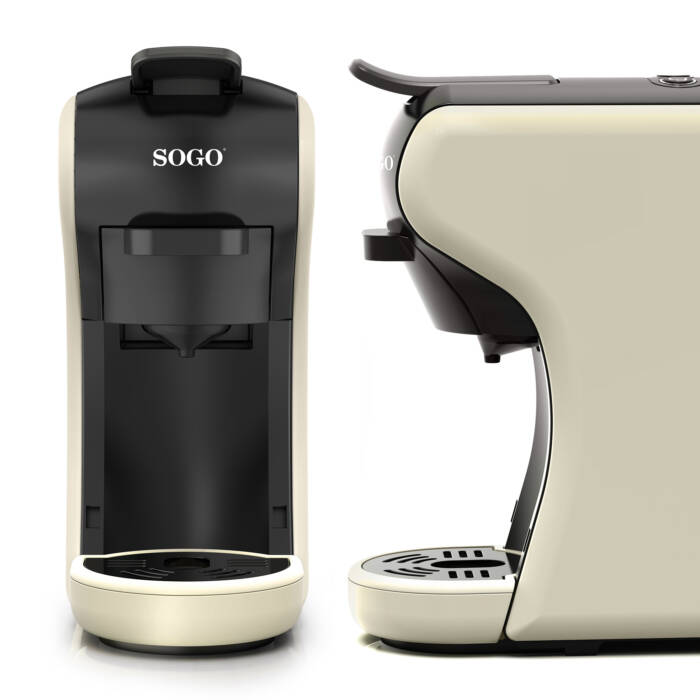Una macchina da caffè Sogo beige e nera vista frontalmente e di lato.