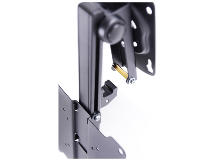 Eine schwarze TV-Halterung aus Metall mit verstellbaren Armen und Schrauben auf weißem Hintergrund.