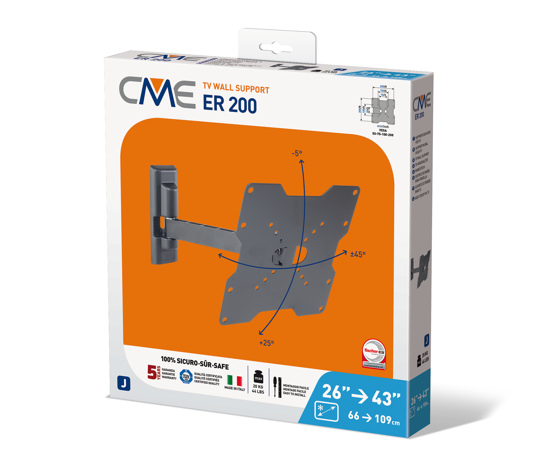 Verpackung für einen CME ER 200 TV-Wandhalter mit Angabe von Maßen und Tragkraft.