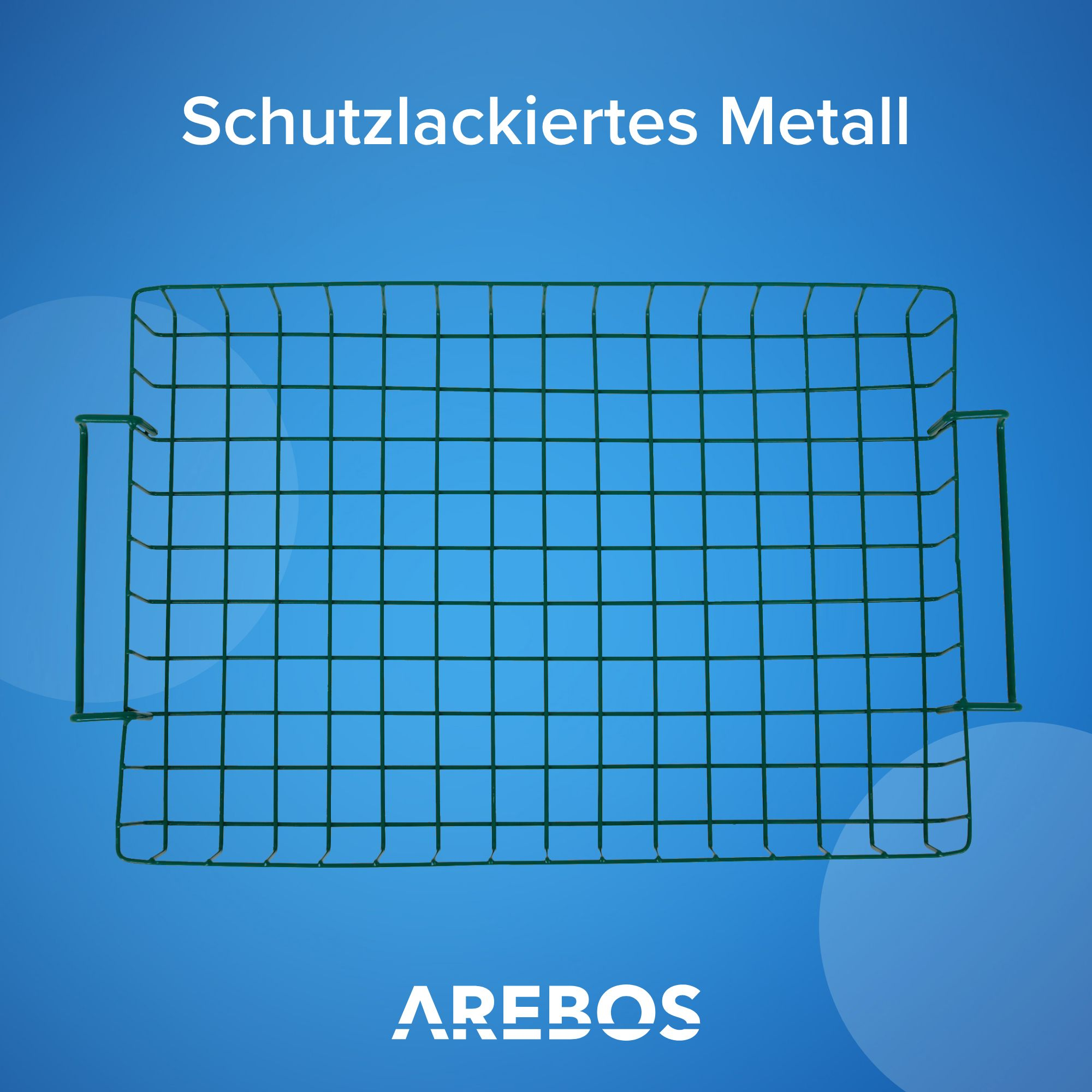 Ein grünes Metallgitter mit Beschriftung 'AREBOS' vor blauem Hintergrund.