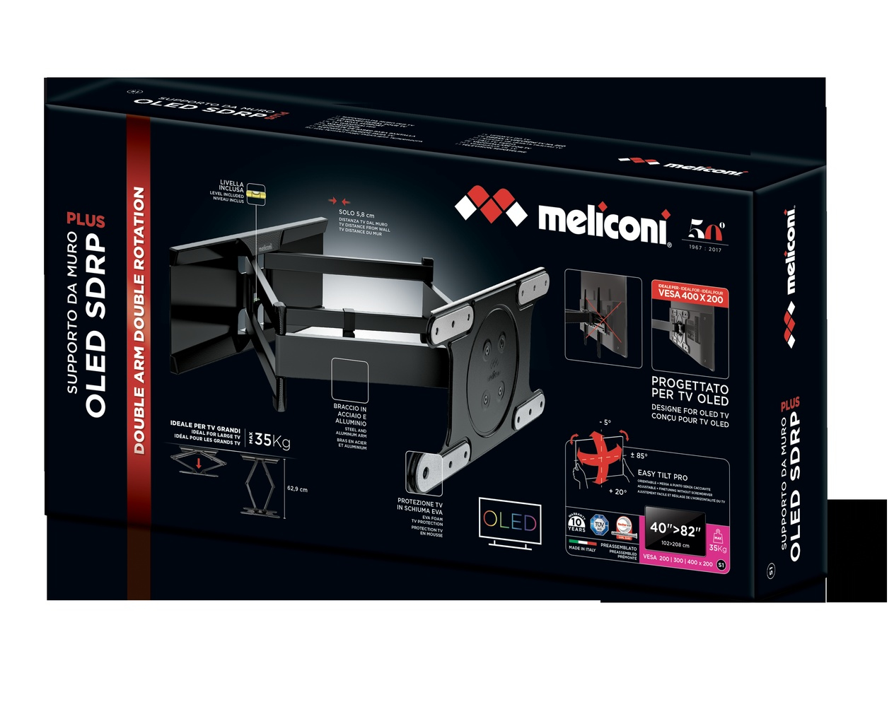 Meliconi OLED SDRP Wandhalterung mit Doppelarm, schwarz, für TVs bis 35kg.