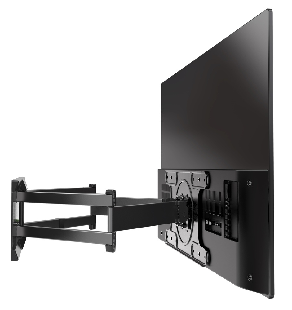 Schwarzer, ausziehbarer TV-Wandhalter mit daran befestigtem Flachbildfernseher.