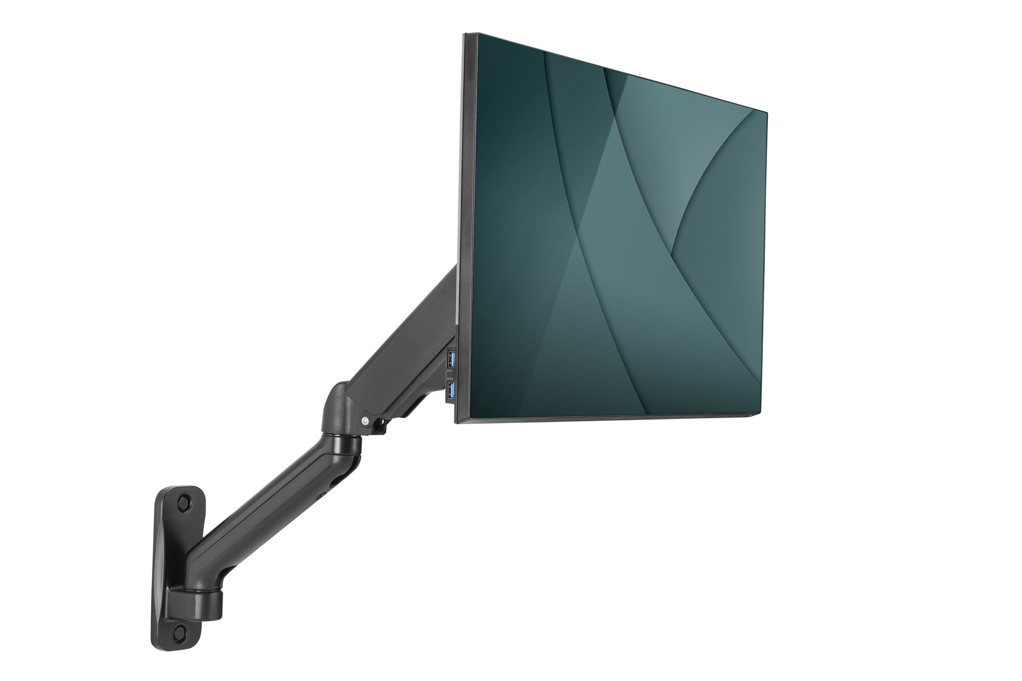 Un braccio per monitor nero sostiene un monitor moderno con un'immagine di sfondo verde acqua.