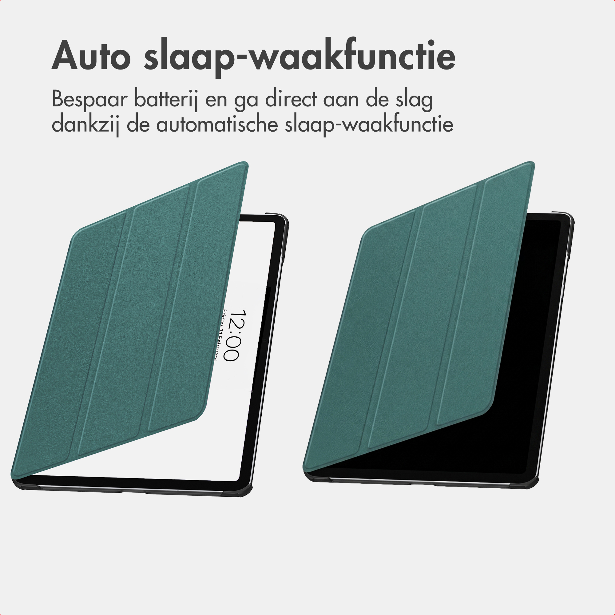 Deux étuis de tablette verts, un ouvert, un fermé. L'heure affichée est 12:00.
