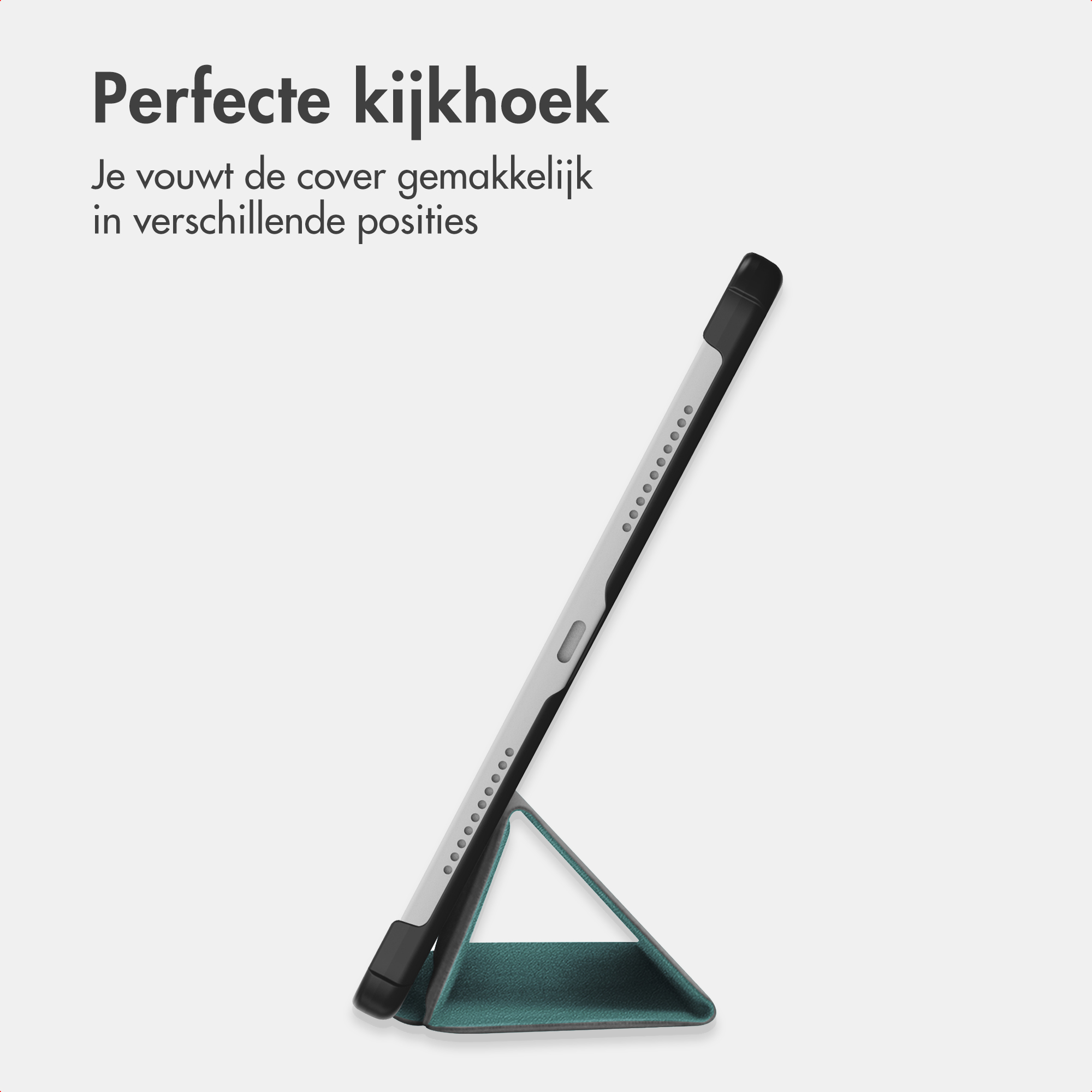Une tablette dans un support vert foncé, pliable en différentes positions.