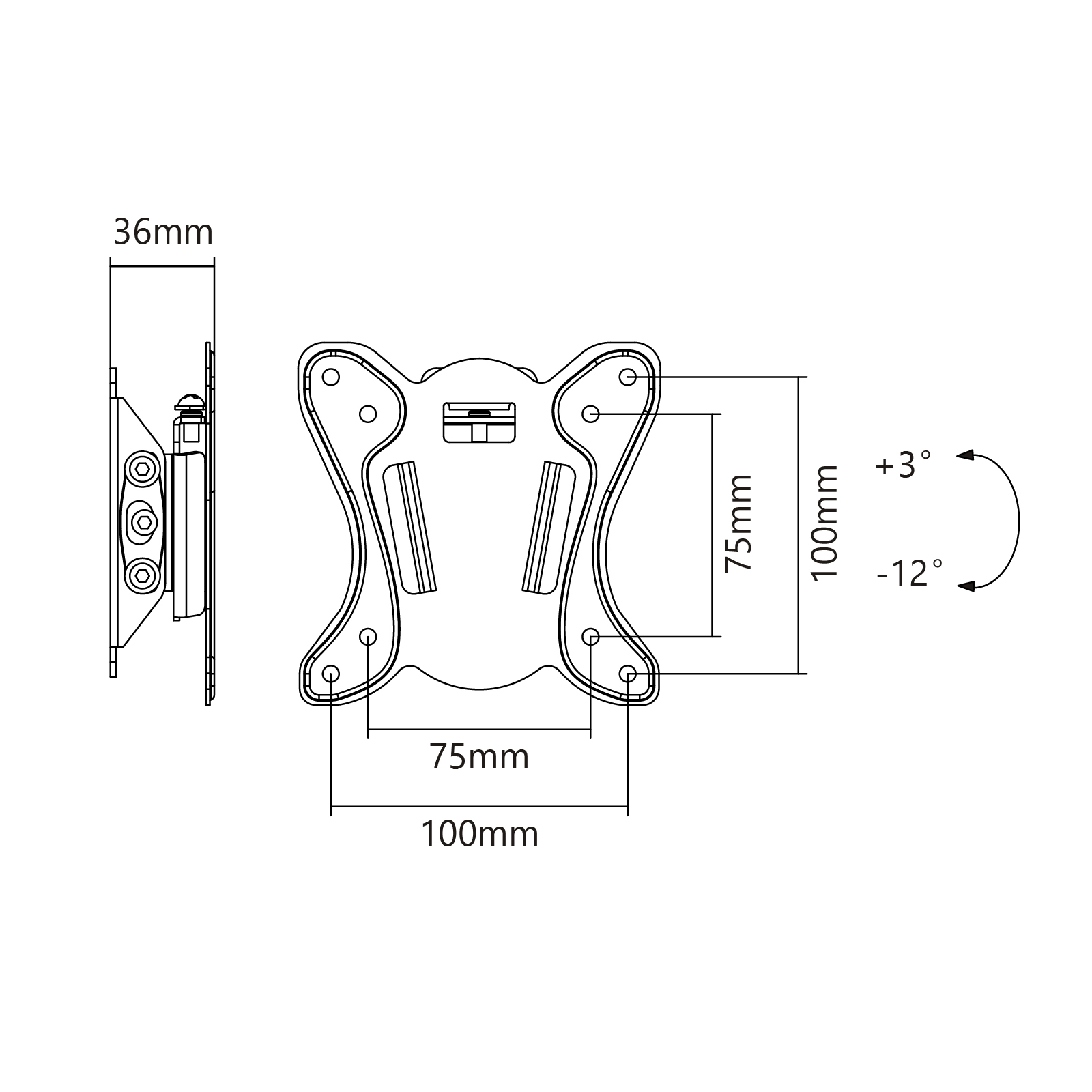 Disegno tecnico di un supporto a muro con dimensioni 36mm, 75mm, 100mm e angoli +3°/-12°.
