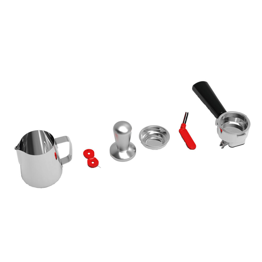 Accesorios para máquina de espresso: jarra de leche, tamper, portafiltro, filtro.