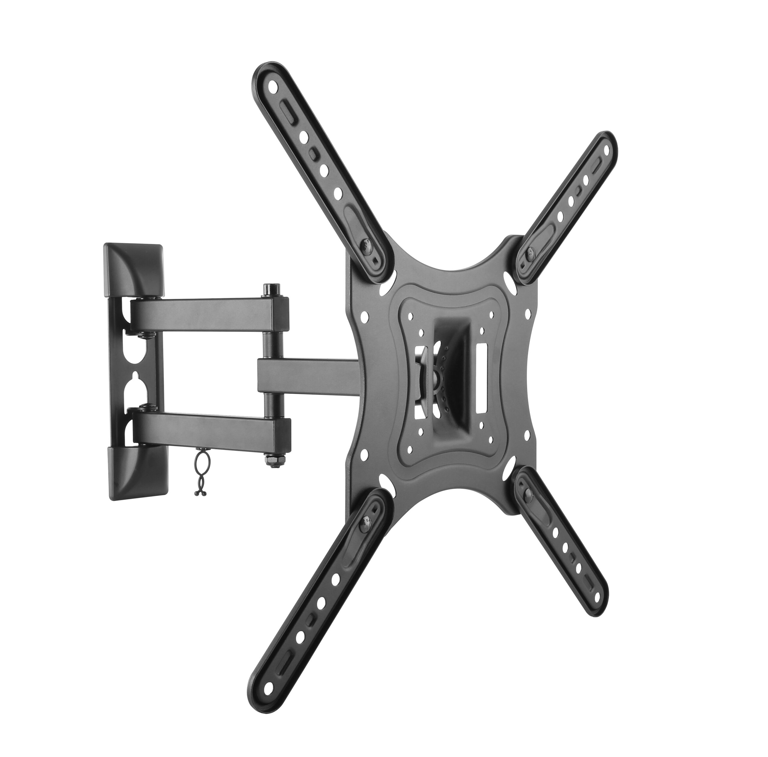 Soporte de pared giratorio negro para TV con brazo articulado y placa VESA.