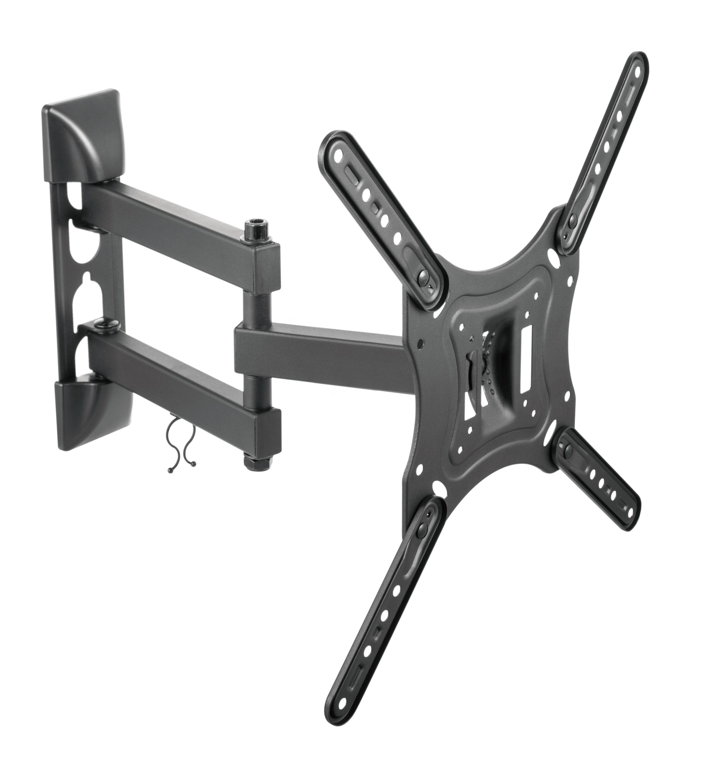 Un soporte de pared articulado negro para televisores con brazos móviles.